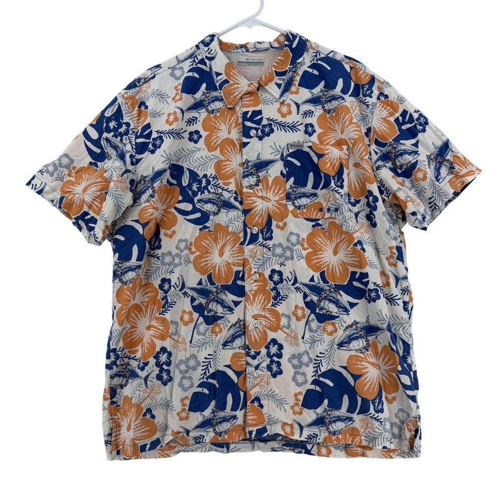 Columbia‎ PFG Shirt Mens Large Blue Orange Hawaiian Tropical Fishing Button Up